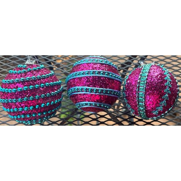 Lot of 3 Styrofoam Ball-Shaped Ornaments Teal Blue and Pink Sequins & Beads 4" - Picture 4 of 11